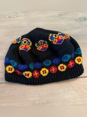 Vintage Hansen Knit Beanie Hat Women's Black Colorful 70's Preowned